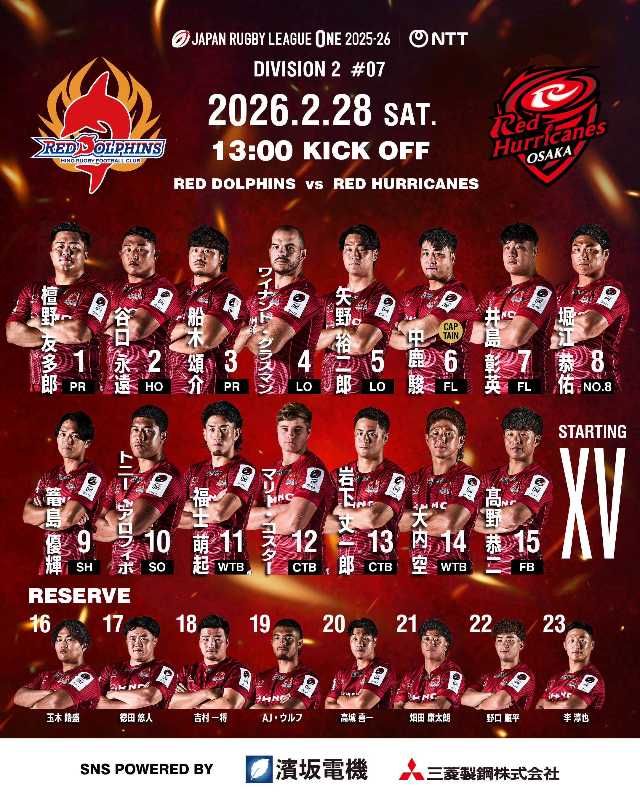 ニュース - 2/28 第7節 レッドハリケーンズ大阪戦 メンバーのお知らせ